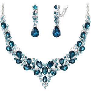 image:imageBriLove Jewelry Clipon Earrings Sparkling Austrian Crystal Teardrop Cluster Statement Necklace Set for Party Prom Accessories08Blue Topaz SilverTone