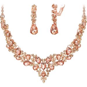 image:imageBriLove Jewelry Clipon Earrings Sparkling Austrian Crystal Teardrop Cluster Statement Necklace Set for Party Prom Accessories09Peach RoseGoldTone