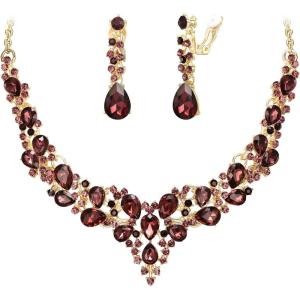 image:imageBriLove Jewelry Clipon Earrings Sparkling Austrian Crystal Teardrop Cluster Statement Necklace Set for Party Prom Accessories10Deep Amethyst Color GoldTone