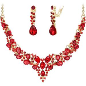 image:imageBriLove Jewelry Clipon Earrings Sparkling Austrian Crystal Teardrop Cluster Statement Necklace Set for Party Prom Accessories12Ruby Color GoldTone