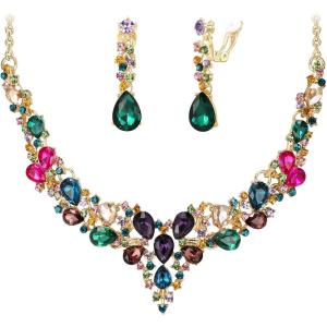 image:imageBriLove Jewelry Clipon Earrings Sparkling Austrian Crystal Teardrop Cluster Statement Necklace Set for Party Prom Accessories13Multicolor GoldTone