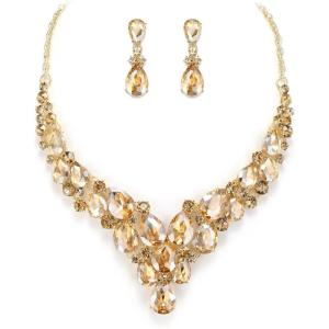 image:imageBriLove Statement Wedding Jewelery Set Shiny Gorgeous Crystal Teardrop Cluster Necklace Earrings for Womens Bridal Party Prom AccessoriesChampagne GoldTone