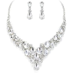 image:imageBriLove Statement Wedding Jewelery Set Shiny Gorgeous Crystal Teardrop Cluster Necklace Earrings for Womens Bridal Party Prom AccessoriesClear SilverTone