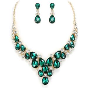 image:imageBriLove Statement Wedding Jewelery Set Shiny Gorgeous Crystal Teardrop Cluster Necklace Earrings for Womens Bridal Party Prom AccessoriesEmerald Color GoldTone