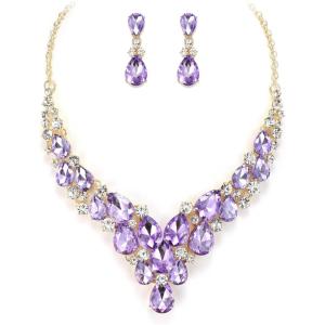 image:imageBriLove Statement Wedding Jewelery Set Shiny Gorgeous Crystal Teardrop Cluster Necklace Earrings for Womens Bridal Party Prom AccessoriesLight Purple GoldTone