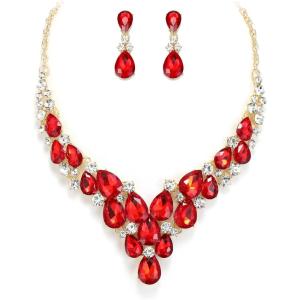 image:imageBriLove Statement Wedding Jewelery Set Shiny Gorgeous Crystal Teardrop Cluster Necklace Earrings for Womens Bridal Party Prom AccessoriesRuby Color GoldTone