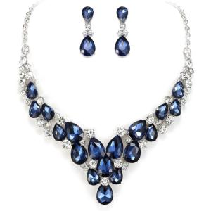 image:imageBriLove Statement Wedding Jewelery Set Shiny Gorgeous Crystal Teardrop Cluster Necklace Earrings for Womens Bridal Party Prom AccessoriesSapphire Color SilverTone