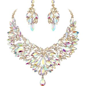 image:imageBriLove Wedding Bridal Crystal Rhinestones Marquise Cluster Statement Necklace Dangle Earrings Jewelry Set for WomenIridescent AB GoldTone