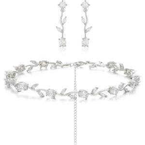 image:imageBriLove Wedding Jewelry Set for Women CZ Teardrop Flower Leaf Filigree Necklace Earrings Party Prom AccessoriesMarquise SilverTone