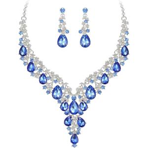 image:imageBriLove Womens Wedding Bridal Austrian Crystal Teardrop Flower Cluster Statement Necklace Dangle Earrings Jewelry Set for Party Prom2PcsNavy Blue SilverTone