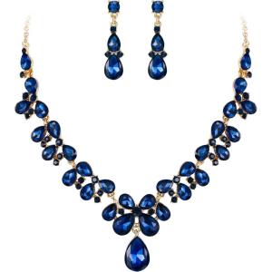 image:imageBriLove Womens Wedding Bridal Crystal Teardrop Cluster Statement Necklace Dangle Earrings Set06Navy Blue GoldTone