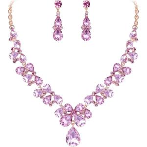 image:imageBriLove Womens Wedding Bridal Crystal Teardrop Cluster Statement Necklace Dangle Earrings Set09Pink GoldToned