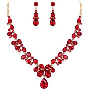 image:imageBriLove Womens Wedding Bridal Crystal Teardrop Cluster Statement Necklace Dangle Earrings Set11Peach Morganite Color RoseGoldTone
