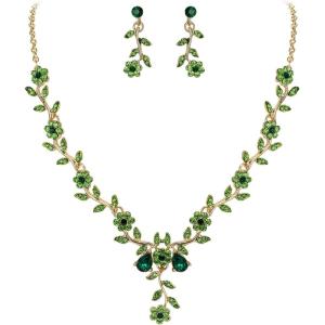 image:imageBriLove Womens Wedding Jewelry Leaf Cluster Flower Crystal Dangle Earrings Pendant Necklace Set for Bridal03Emerald Color