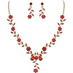 image:imageBriLove Womens Wedding Jewelry Leaf Cluster Flower Crystal Dangle Earrings Pendant Necklace Set for Bridal04Ruby Color GoldPlatedBase