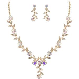 image:imageBriLove Womens Wedding Jewelry Leaf Cluster Flower Crystal Dangle Earrings Pendant Necklace Set for Bridal07Iridescent AB GoldPlatedBase