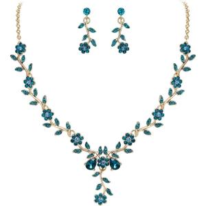 image:imageBriLove Womens Wedding Jewelry Leaf Cluster Flower Crystal Dangle Earrings Pendant Necklace Set for Bridal08Blue Topaz GoldPlatedBase