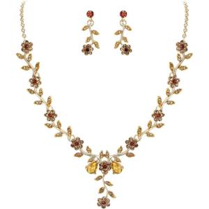 image:imageBriLove Womens Wedding Jewelry Leaf Cluster Flower Crystal Dangle Earrings Pendant Necklace Set for Bridal10Champagne GoldPlatedBase