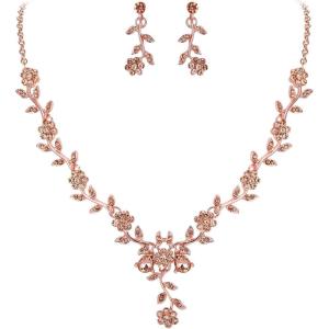 image:imageBriLove Womens Wedding Jewelry Leaf Cluster Flower Crystal Dangle Earrings Pendant Necklace Set for Bridal14Peach Morganite Color RoseGoldPlatedBase