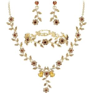 image:imageBriLove Womens Wedding Jewelry Leaf Cluster Flower Crystal Dangle Earrings Pendant Necklace Set for Bridal3PcsChampagne GoldPlatedBase
