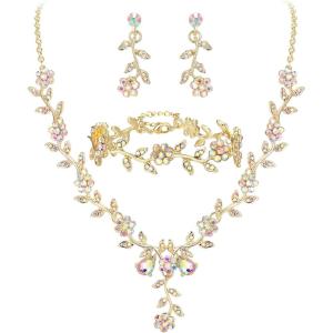 image:imageBriLove Womens Wedding Jewelry Leaf Cluster Flower Crystal Dangle Earrings Pendant Necklace Set for Bridal3PcsIridescent AB GoldPlatedBase