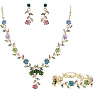 image:imageBriLove Womens Wedding Jewelry Leaf Cluster Flower Crystal Dangle Earrings Pendant Necklace Set for Bridal3PcsMulticolor GoldPlatedBase