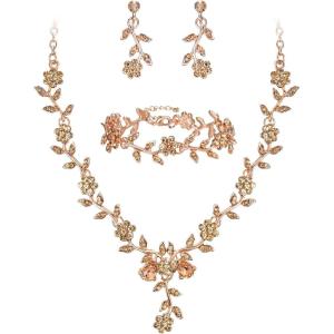 image:imageBriLove Womens Wedding Jewelry Leaf Cluster Flower Crystal Dangle Earrings Pendant Necklace Set for Bridal3PcsPeach Morganite Color RoseGoldPlatedBase