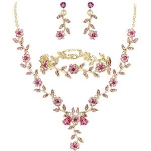 image:imageBriLove Womens Wedding Jewelry Leaf Cluster Flower Crystal Dangle Earrings Pendant Necklace Set for Bridal3PcsPink GoldPlatedBase