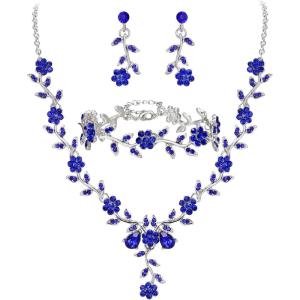 image:imageBriLove Womens Wedding Jewelry Leaf Cluster Flower Crystal Dangle Earrings Pendant Necklace Set for Bridal3PcsSky Blue SilverTone