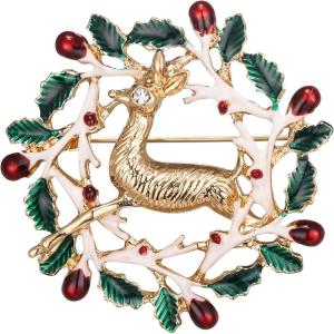 image:imageBrilove Merry Christmas Deer Brooch Xmas Rhinestone Enamel Wreath Pin Costume Gift for Women Grils Holiday Clear GoldTone