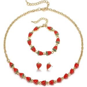 image:imageBriLove Cute Funny Small Strawberry Jewelry for WomenEnamel Necklace Earrings Bracelet Set Charm Fruit Jewellery for Summer Beach Holiday Costume Party Accessories Ruby Color GoldTone