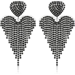 image:imageBriLove Tassel Heart Earrings Dangling Prom Jewelry for WomenFashion Long Chandelier Sparkle Crystal Rhinestone Dangle Drop Earring Wedding PartyBlack SilverTone