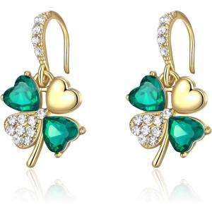 image:imageBriLove Clover Earrings for Women Gorgeous Shiny Rhinestones Green Heart Leaf Shape Hook St Patricks Day Party Prom AccessoriesEmerald Color GoldTone