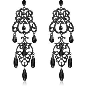 image:imageBriLove Gorgeous Shiny Rhinestones Teardrop Cluster Heart Shape Chandelier Long Dangle Earrings for Women Wedding Party Prom Jewelry AccessoryBlack BlackTone
