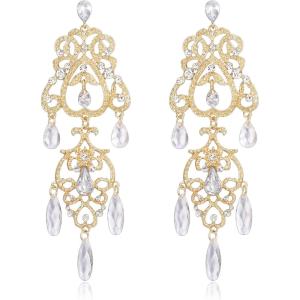 image:imageBriLove Gorgeous Shiny Rhinestones Teardrop Cluster Heart Shape Chandelier Long Dangle Earrings for Women Wedding Party Prom Jewelry AccessoryClear GoldTone