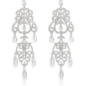image:imageBriLove Gorgeous Shiny Rhinestones Teardrop Cluster Heart Shape Chandelier Long Dangle Earrings for Women Wedding Party Prom Jewelry AccessoryClear SilverTone