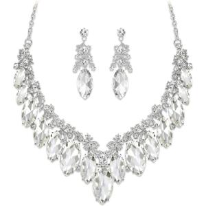 image:imageBriLove Statement Wedding Jewelery Set Shiny Gorgeous Crystal Marquise Cluster Necklace Earrings for Womens Bridal Party Prom AccessoriesClear SilverTone