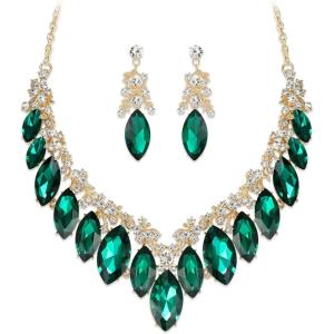 image:imageBriLove Statement Wedding Jewelery Set Shiny Gorgeous Crystal Marquise Cluster Necklace Earrings for Womens Bridal Party Prom AccessoriesEmerald Color GoldTone
