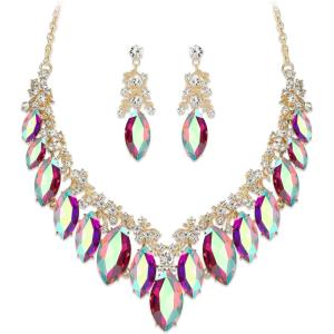 image:imageBriLove Statement Wedding Jewelery Set Shiny Gorgeous Crystal Marquise Cluster Necklace Earrings for Womens Bridal Party Prom AccessoriesIridescent AB GoldTone
