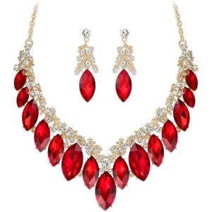 image:imageBriLove Statement Wedding Jewelery Set Shiny Gorgeous Crystal Marquise Cluster Necklace Earrings for Womens Bridal Party Prom AccessoriesRuby Color GoldTone