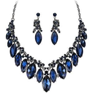 image:imageBriLove Statement Wedding Jewelery Set Shiny Gorgeous Crystal Marquise Cluster Necklace Earrings for Womens Bridal Party Prom AccessoriesSapphire Color BlackTone