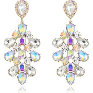 image:imageBriLove Stunning Crystal Rhinestone Teardrop Rectangle Emerald Cut Long Chandelier Drop Dangle Earrings for Women Party Prom Iridescent AB GoldTone