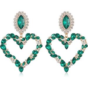 image:imageBriLove Stunning Gorgeous Large Heart Marquise Rhinestone Crystal Dangle Earrings for Women Brides Love Stud Emerald Color GoldToned