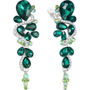 image:imageBriLove Wedding Bridal ClipOn Earrings for Women Bohemian Boho Crystal Multiple Teardrop Chandelier Dangle Jewelry Emerald Color SilverTone