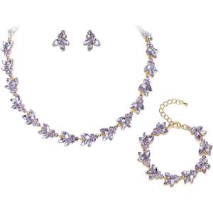 image:imageBriLove Wedding Jewelery Set for WomenShiny Gorgeous Crystal Marquise Cluster Pendant Necklace Stud Earrings Link Bracelet for Bridal Party Prom AccessoriesLight Purple GoldTone