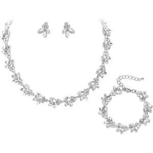 image:imageBriLove Wedding Jewelery Set for WomenShiny Gorgeous Crystal Marquise Cluster Pendant Necklace Stud Earrings Link Bracelet for Bridal Party Prom AccessoriesClear SilverTone