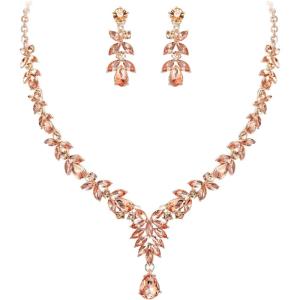 image:imageBriLove Wedding Jewelery Set for WomenShiny Gorgeous Crystal Marquise Teardrop Cluster Pendant Necklace Dangle Earrings for Bridal Party Prom AccessoriesPeach RoseGoldTone