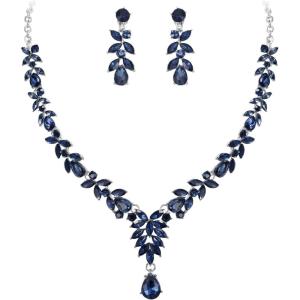 image:imageBriLove Wedding Jewelery Set for WomenShiny Gorgeous Crystal Marquise Teardrop Cluster Pendant Necklace Dangle Earrings for Bridal Party Prom AccessoriesSapphire Color SilverTone