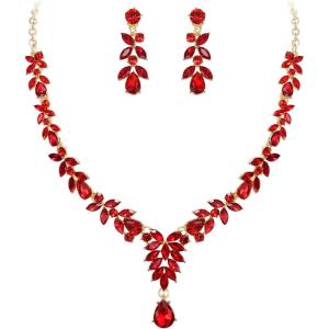 image:imageBriLove Wedding Jewelery Set for WomenShiny Gorgeous Crystal Marquise Teardrop Cluster Pendant Necklace Dangle Earrings for Bridal Party Prom AccessoriesRuby Color GoldTone