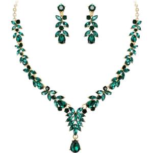image:imageBriLove Wedding Jewelery Set for WomenShiny Gorgeous Crystal Marquise Teardrop Cluster Pendant Necklace Dangle Earrings for Bridal Party Prom AccessoriesEmerald Color GoldTone